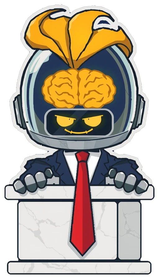 BBI mascot: a robot with a golden brain in a glass dome, blond hair swoop, navy suit and red tie, gripping a marble podium